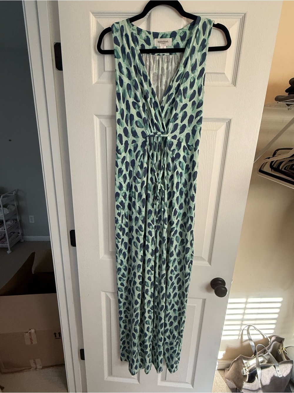 Motherhood Sleeveless Green and Blue Maxi Maternity Dress
